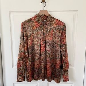 Vintage Multicolored Silky Pleated Front High Neck Blouse Women's Size 14